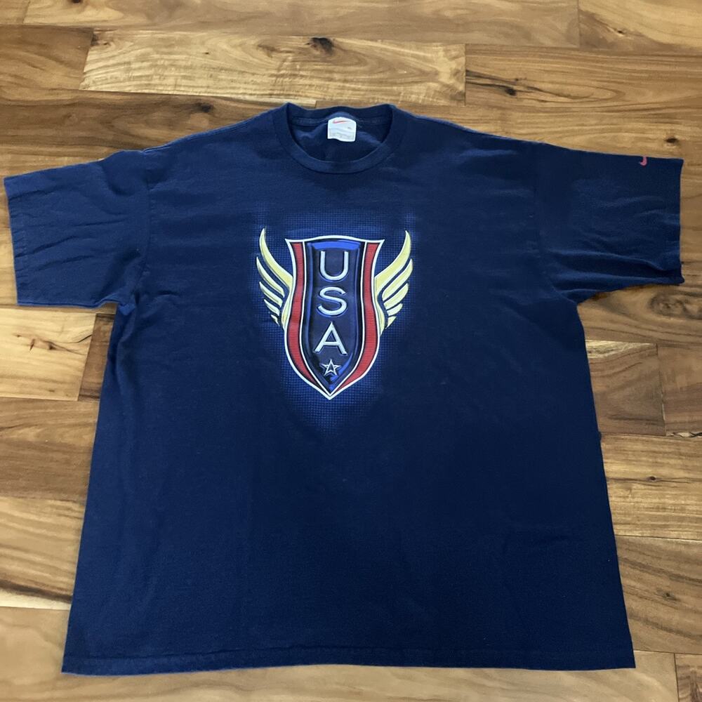 Vtg Nike T Shirt Men Large Blue USA Emblem Logo Short Sleeve 90s Boxy Graphic
